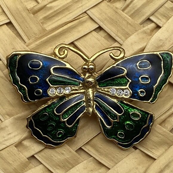 Vintage Butterfly Brooch Pin Green Blue Enamel Rhinestone Goldtone Boho Hippie - Picture 2 of 6